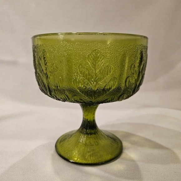 1978‎ FTD Vintage Green Glass Pedestal Bowl Candy Dish Leaf Pattern (9c2) - Picture 1 of 9